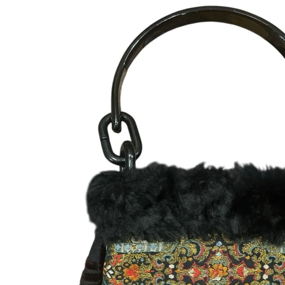 Animal Print Boho Style Faux Fur Embroidered Band Beaded Detail Wrist Bag